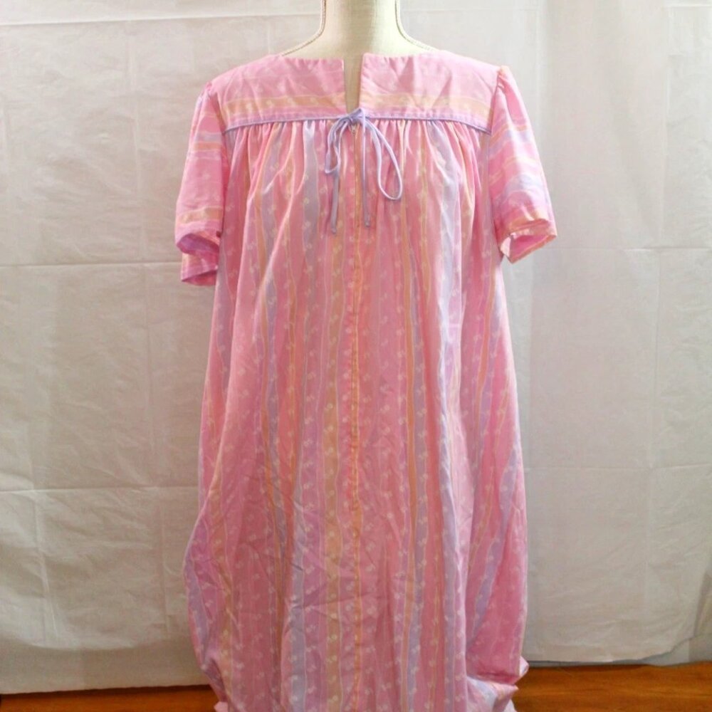 Vintage Nightgown MuMu 3/4 Zip KOMAR OS w POCKET Pastel Stripe Granny Golden Grl